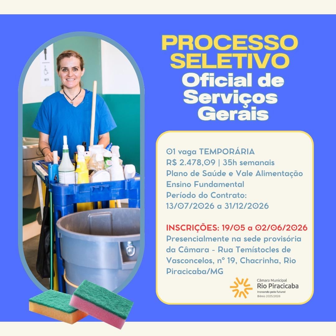 Câmara Municipal de Rio Piracicaba abre processo seletivo para contratação temporária de Oficial de Serviços Gerais