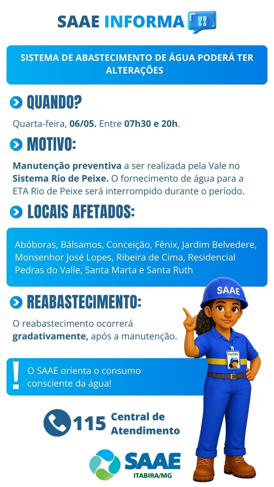 Manutenção da Vale pode afetar abastecimento de água em dez bairros de Itabira nesta quarta-feira