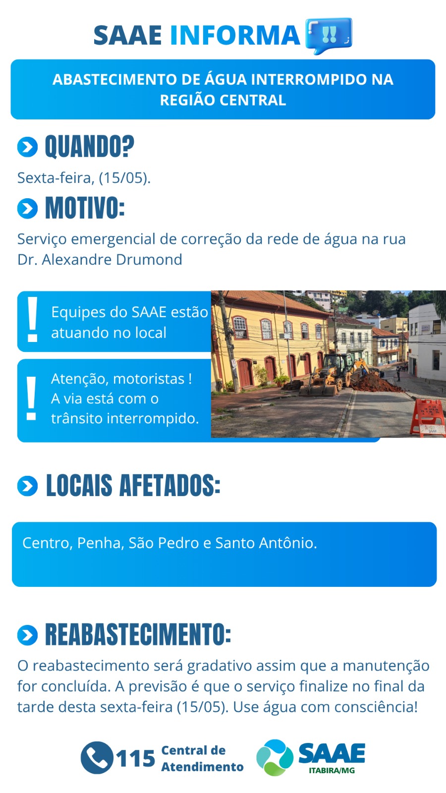 Vazamento de grande porte interrompe abastecimento de água em parte da região central de Itabira nesta sexta-feira; saiba mais