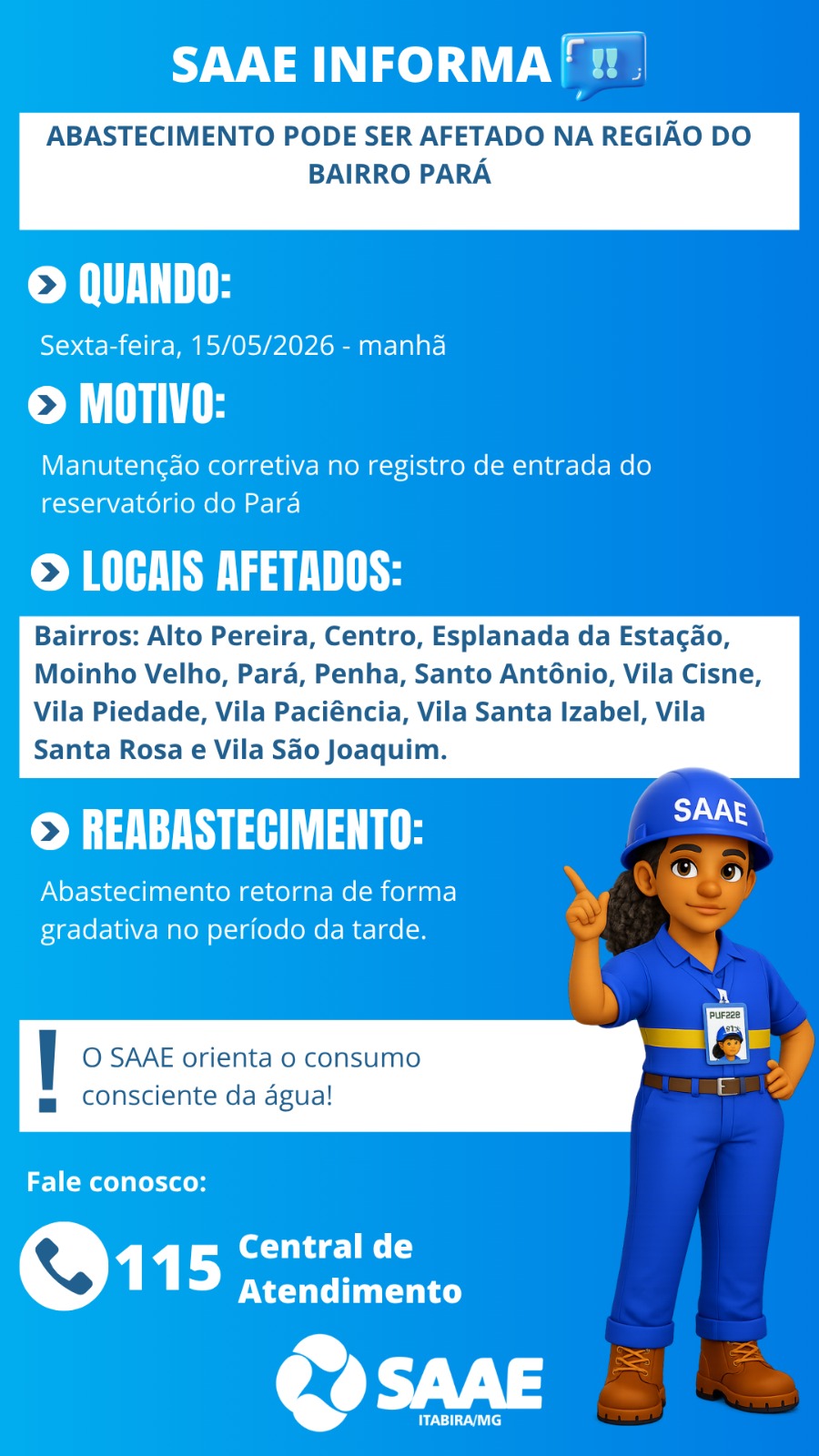 Manutenção no reservatório do Pará pode afetar abastecimento de água em 13 bairros de Itabira nesta sexta-feira