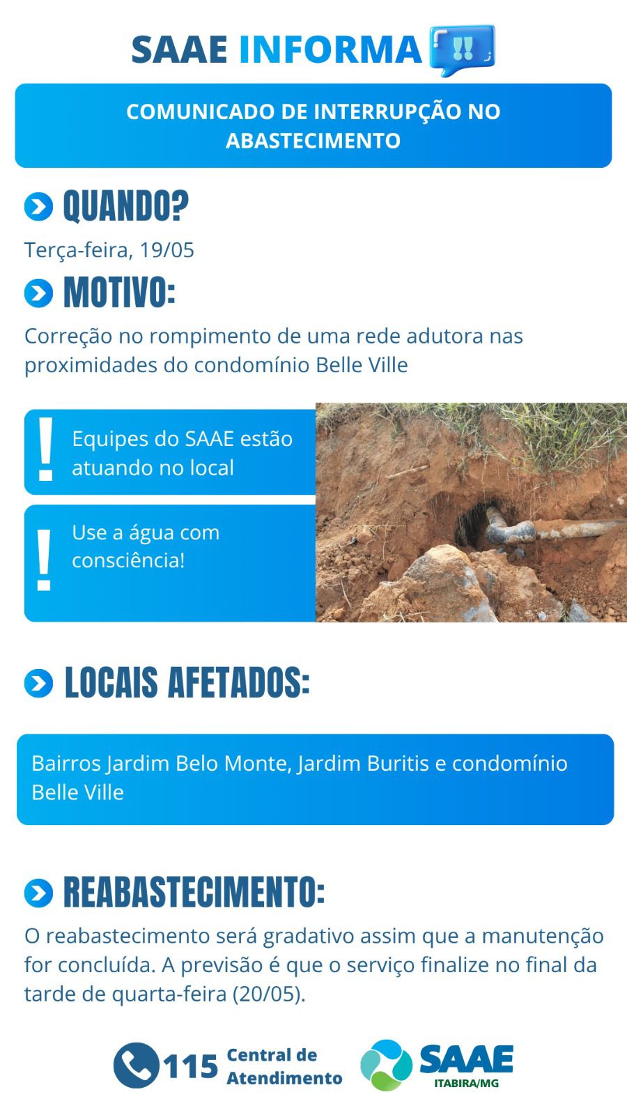 Rompimento de adutora interrompe abastecimento de água em três bairros de Itabira nesta terça-feira; saiba mais