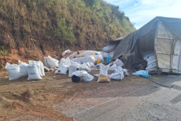 Carreta acidentada na MGC-120, entre Itabira e Nova Era, transportava carga de café avaliada em R$ 1 milhão