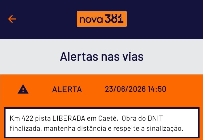 Trânsito é liberado na BR-381 após conclusão de obras do DNIT em Caeté