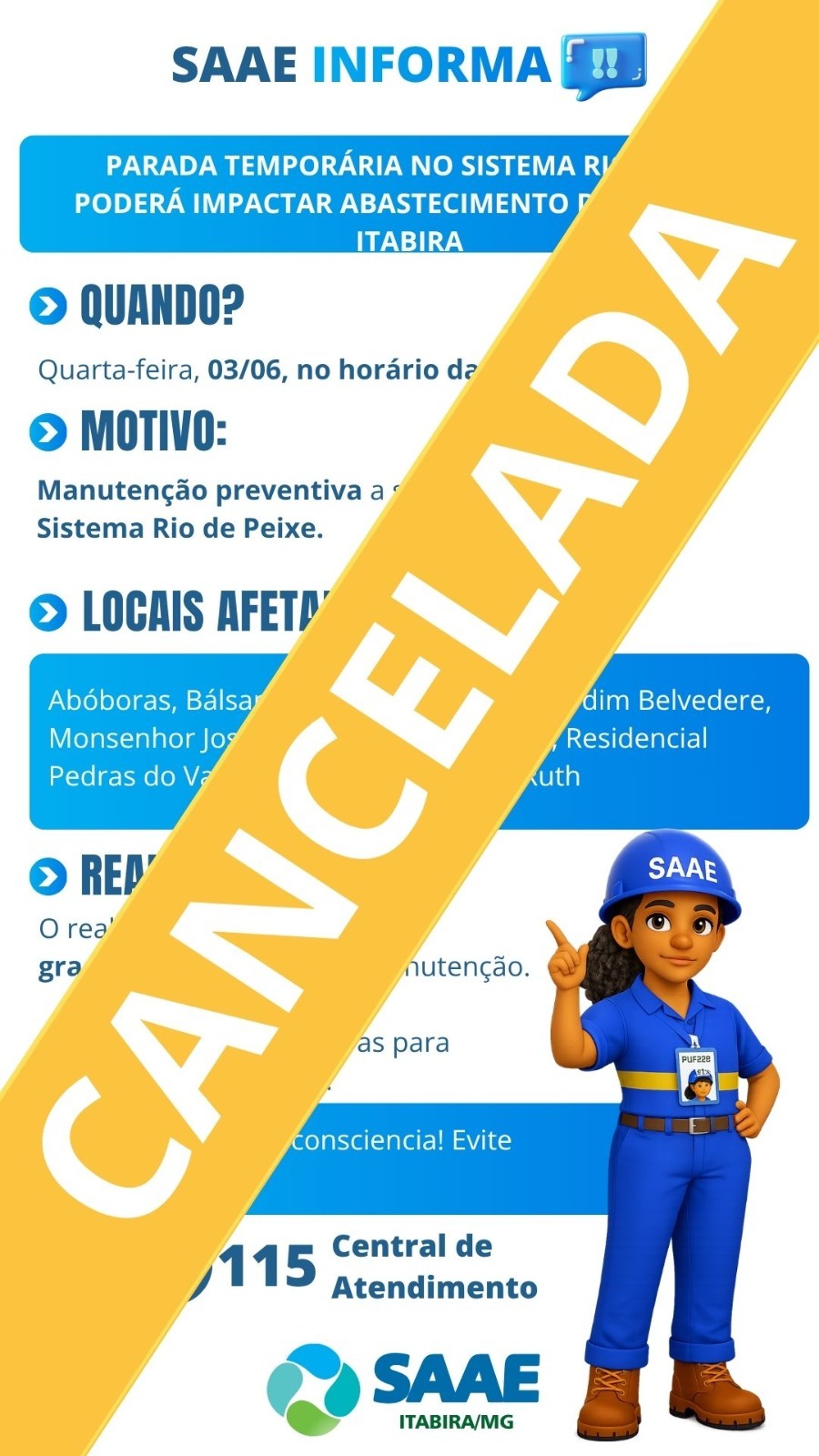 Itabira: manutenção no Sistema Rio de Peixe que afetaria abastecimento de água é cancelada