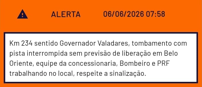 Carreta tomba e interdita BR-381 na manhã deste sábado, em Belo Oriente; não há previsão de liberação da pista