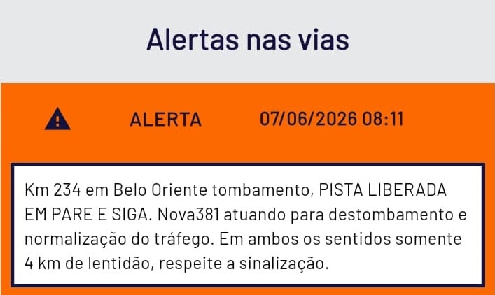 Após cerca de 26 horas de interdição total, BR-381 tem trânsito liberado em "sistema pare e siga" em Belo Oriente