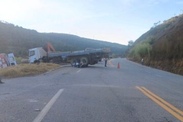 Motociclista fica ferido após bater em caminhão no entroncamento das rodovias MG-129 e MG-462, em Itabira