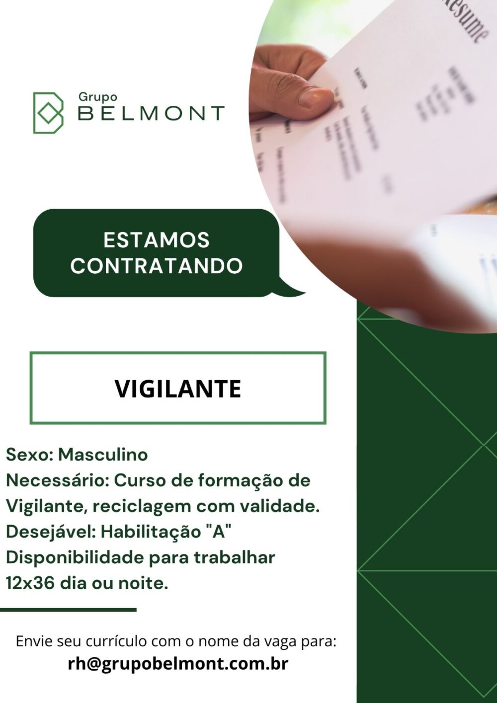 Grupo Belmont tem vagas abertas para vigilantes em Itabira e São Gonçalo do Rio Abaixo; saiba mais
