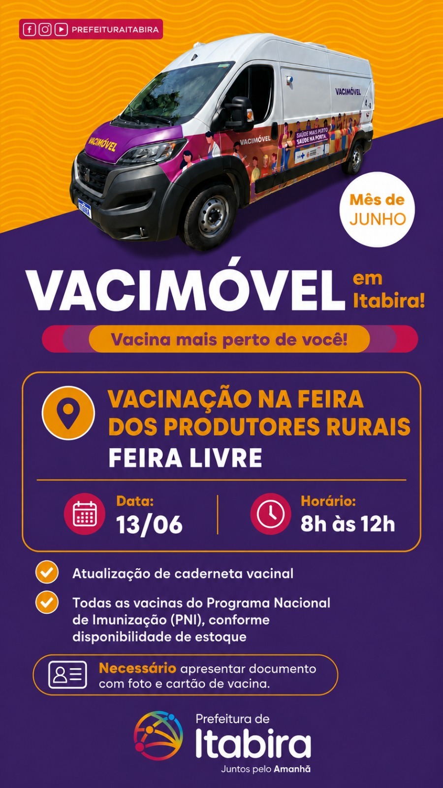 Vacimóvel estará na Feira dos Produtores Rurais neste sábado para ampliar acesso à vacinação em Itabira
