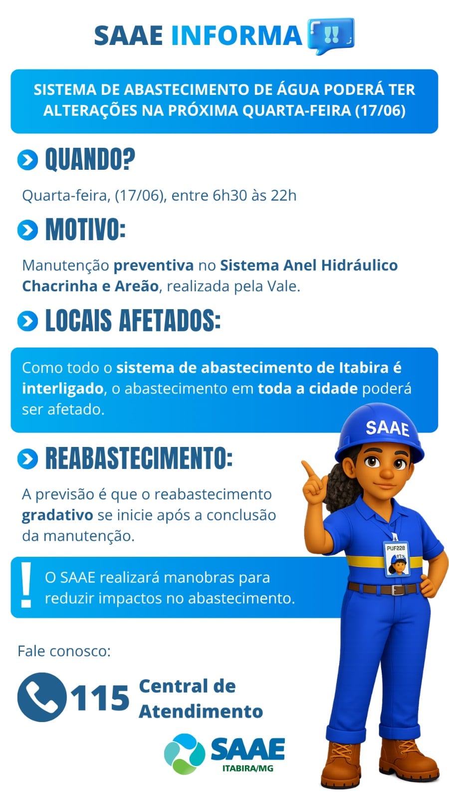 Manutenção poderá afetar abastecimento de água em Itabira nesta quarta-feira