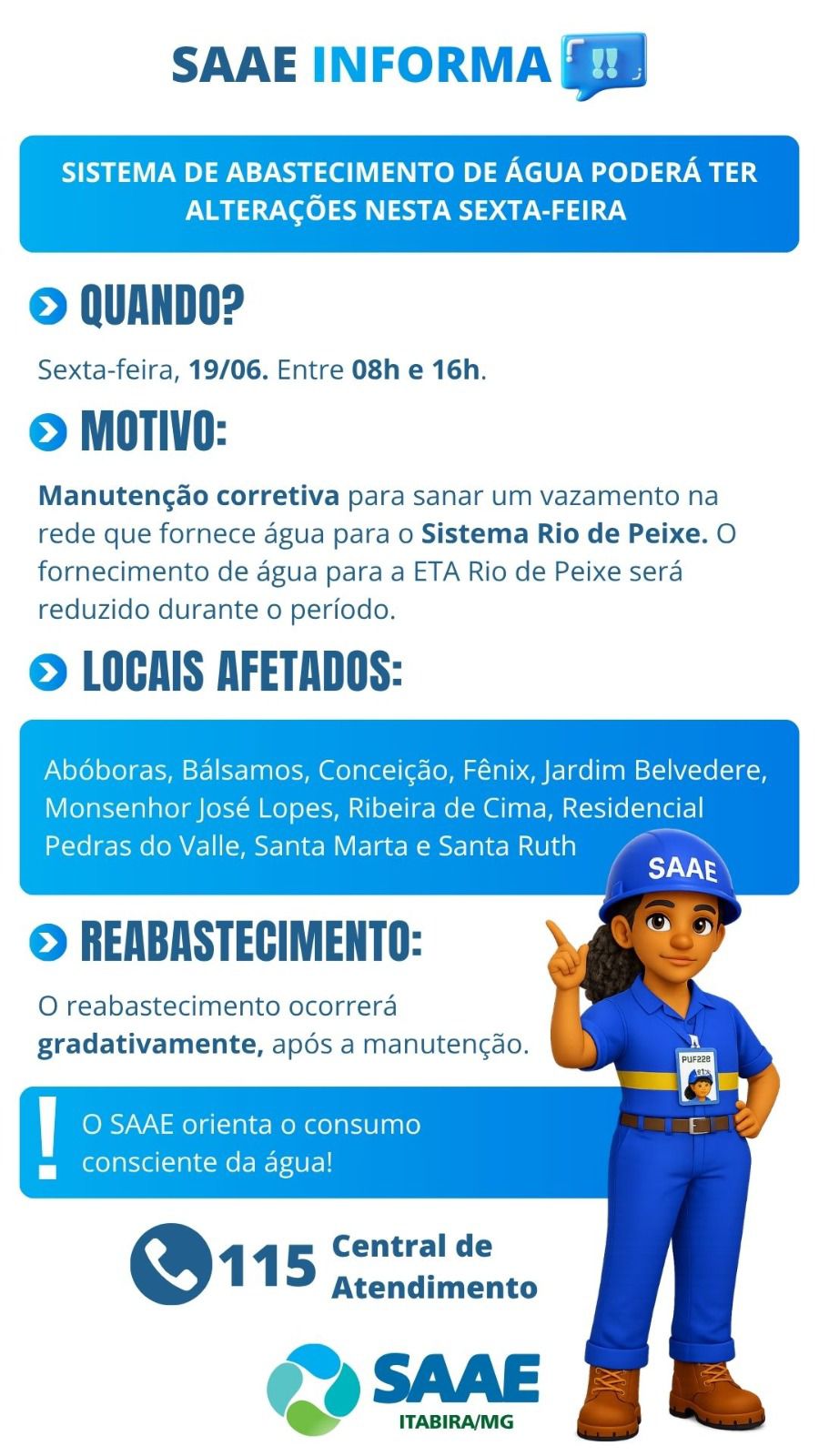 Manutenção emergencial pode afetar abastecimento de água em dez bairros de Itabira nesta sexta-feira; saiba mais