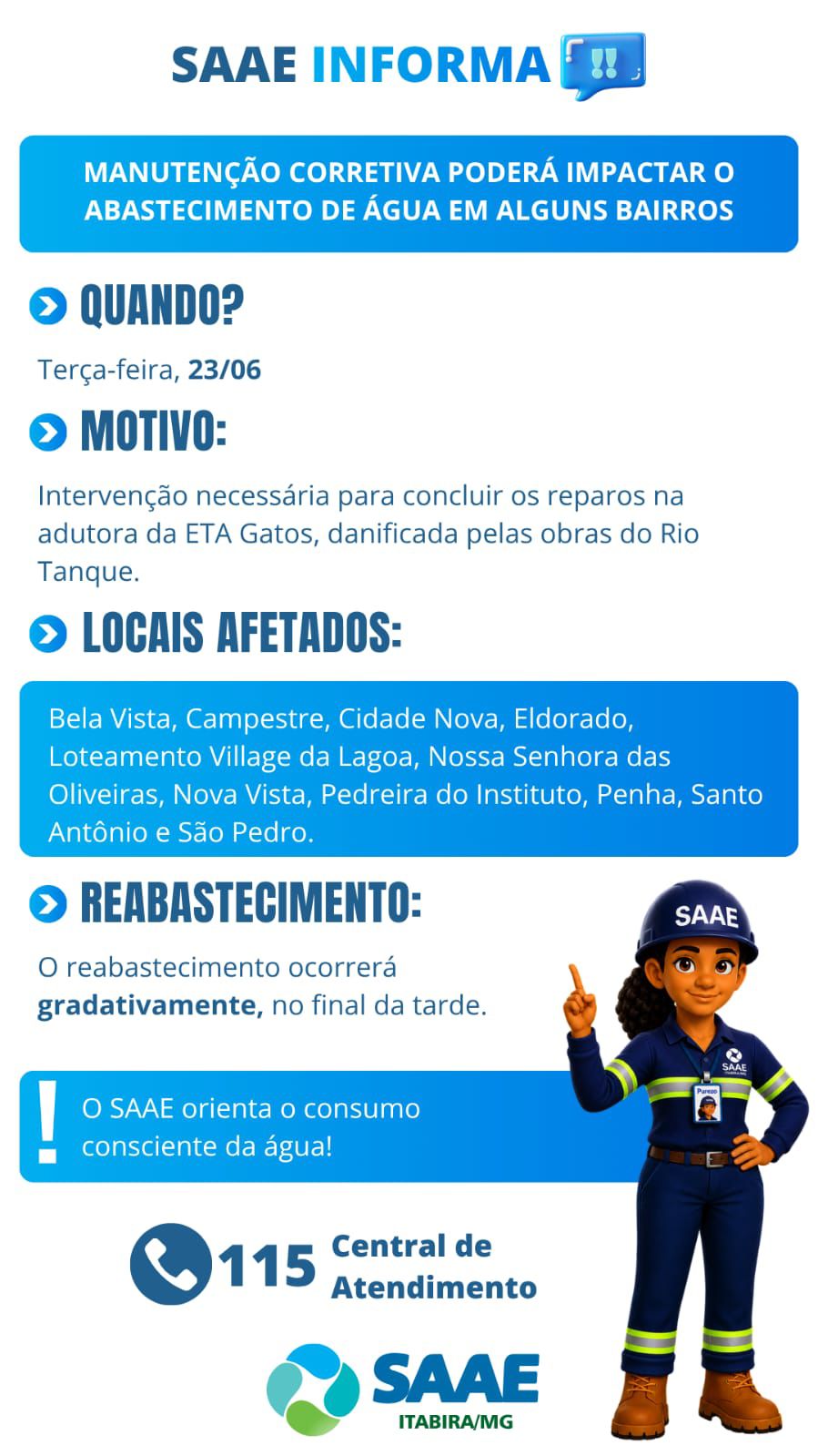 Manutenção na ETA Gatos pode provocar alterações no abastecimento de água em bairros de Itabira na terça-feira