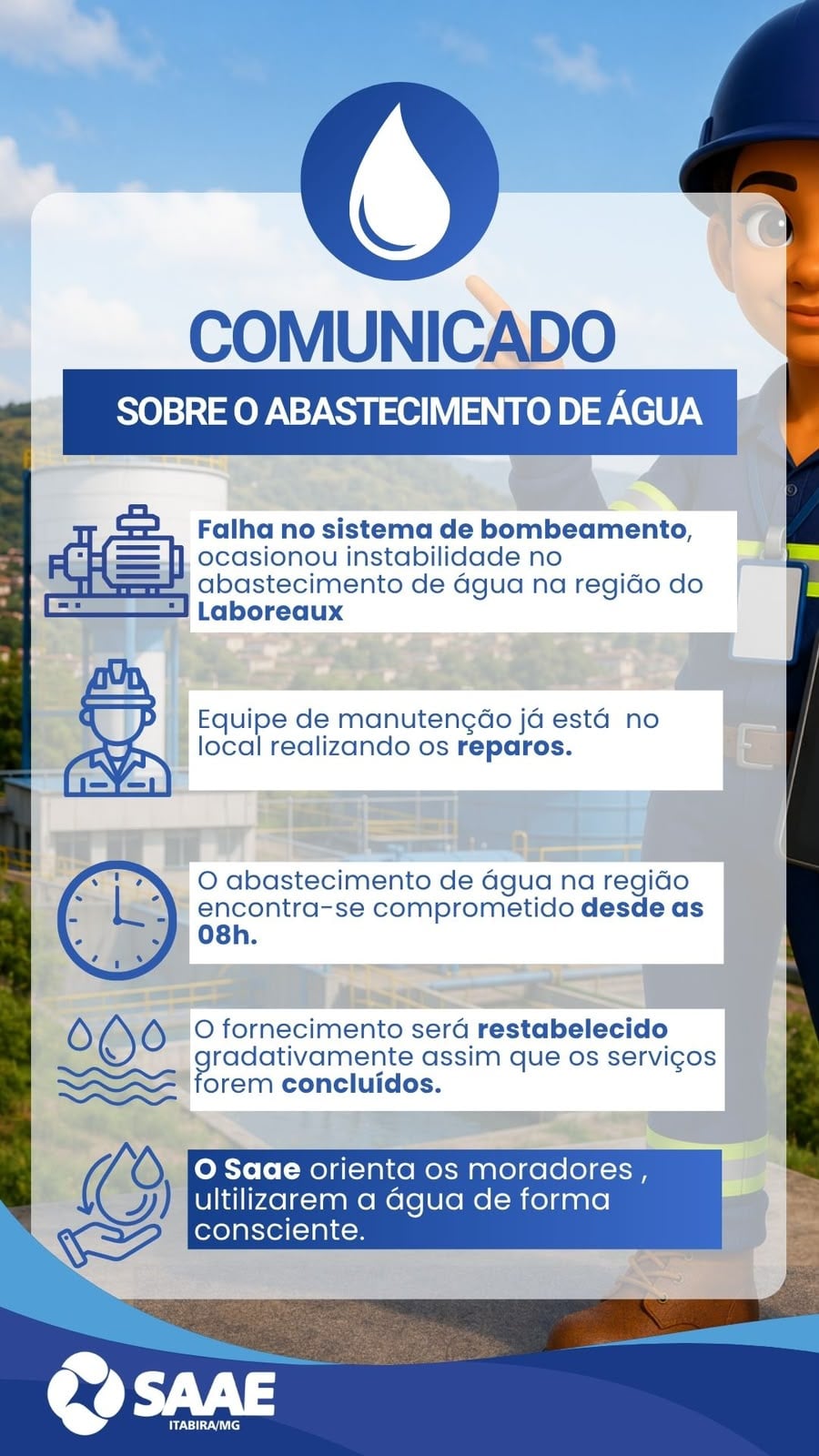 Falha em sistema de bombeamento interrompe abastecimento de água no Laboreaux, em Itabira