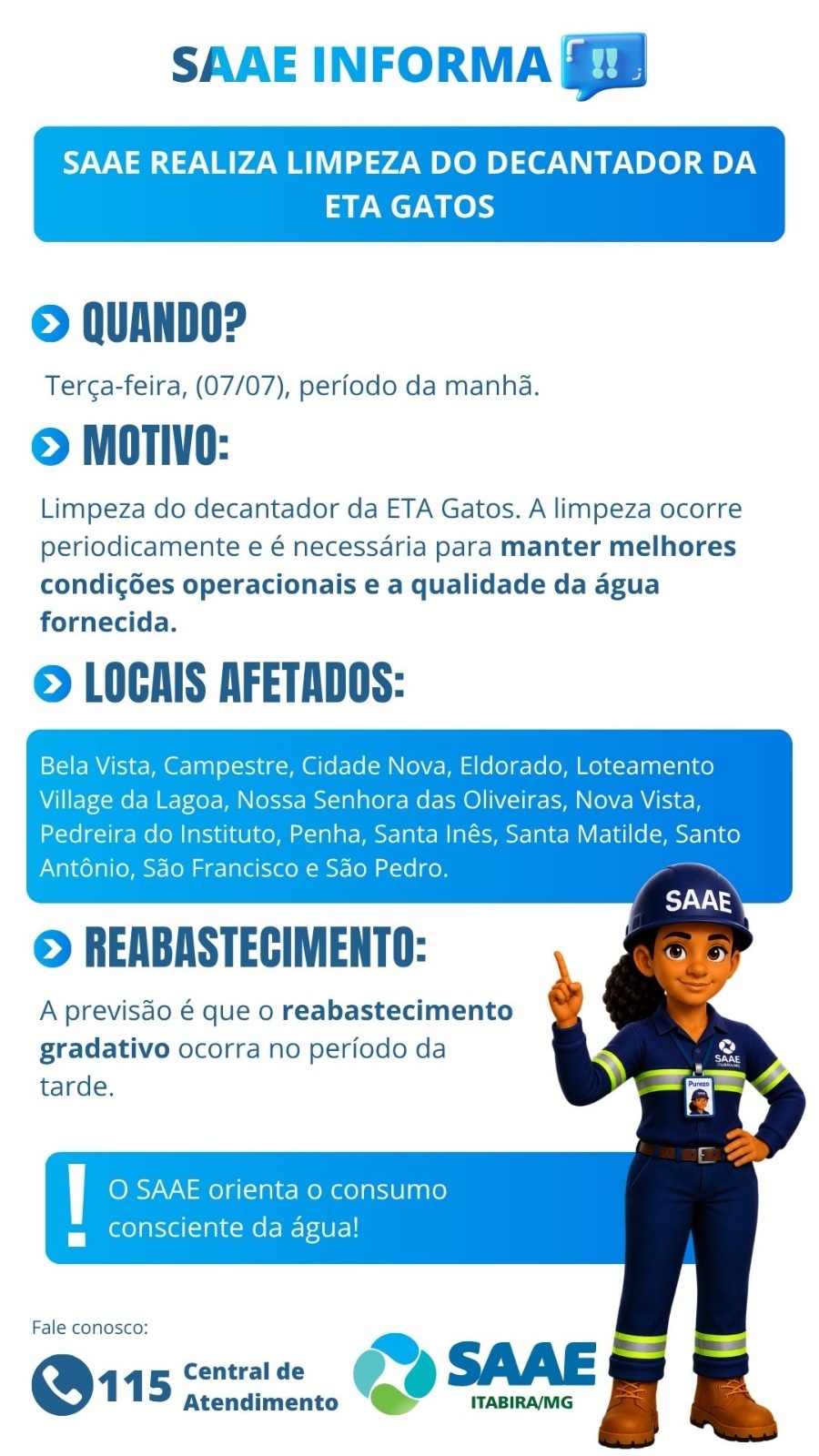 Saae realiza limpeza dos decantadores da ETA Gatos nesta terça-feira; abastecimento pode ser afetado em 14 bairros de Itabira