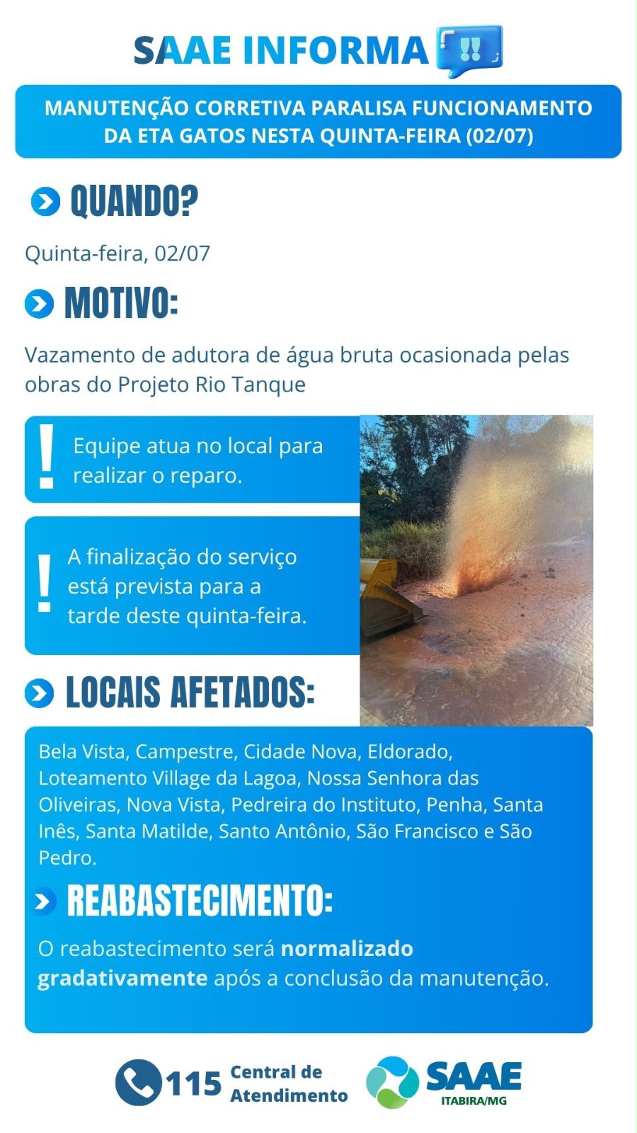 Manutenção emergencial na ETA Gatos pode afetar abastecimento de água em 14 bairros de Itabira nesta quinta-feira