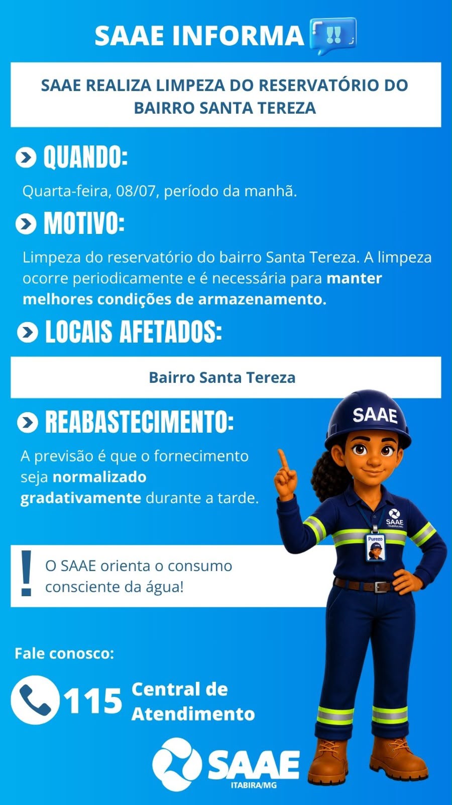 Itabira: reservatório de água do bairro Santa Tereza passa por limpeza na quarta-feira; saiba mais