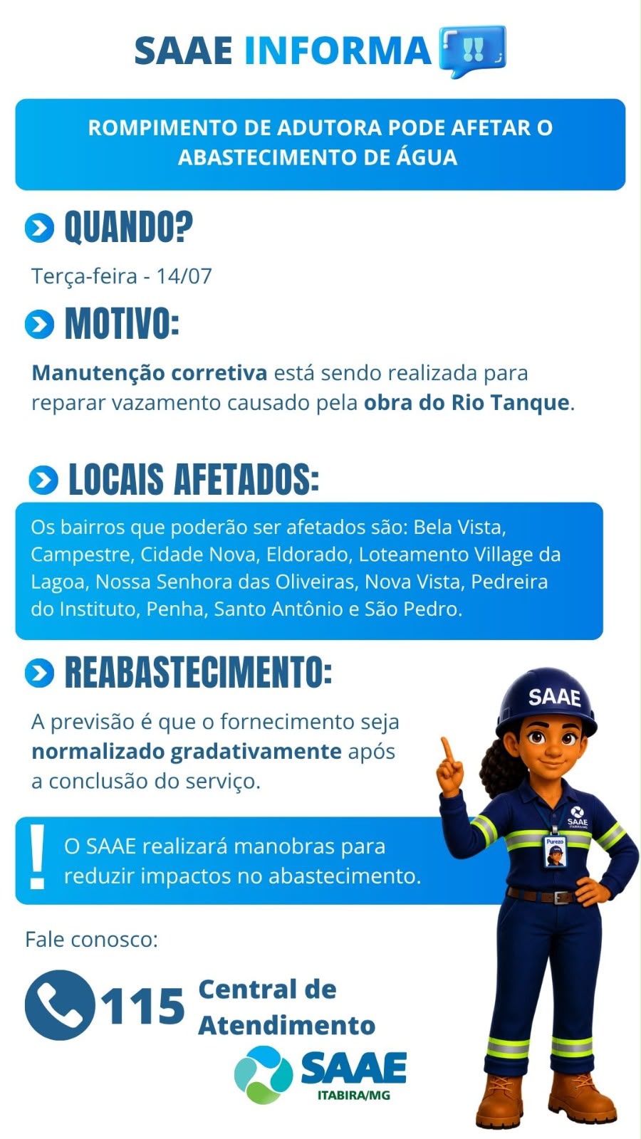 Vazamento em adutora pode comprometer abastecimento de água em 14 bairros de Itabira nesta terça-feira