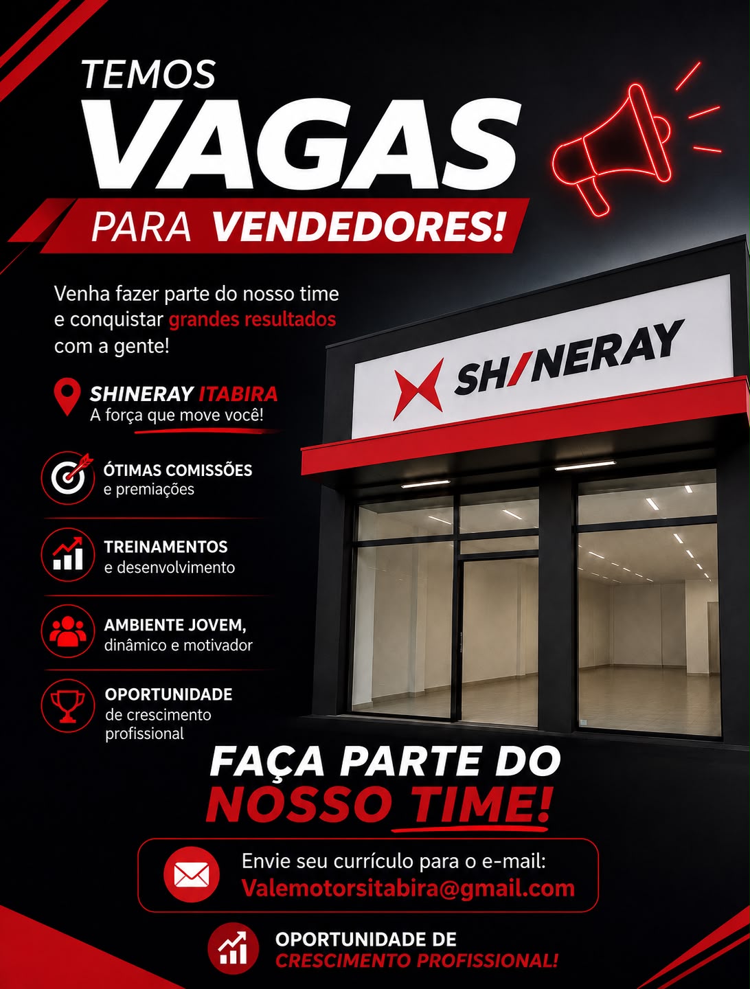 Shineray Itabira oferece novas oportunidades de emprego para profissionais da área de vendas