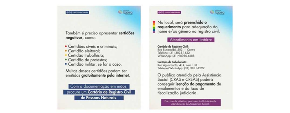 Prefeitura de Itabira orienta pessoas trans sobre retificação de nome e gênero em cartório