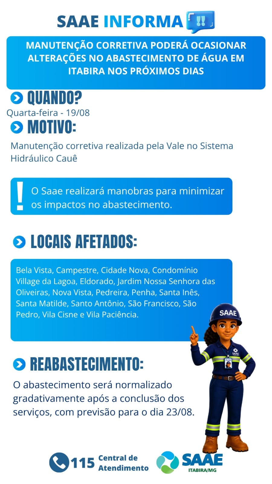 Manutenção no Sistema Cauê pode afetar abastecimento de água em bairros de Itabira; saiba mais