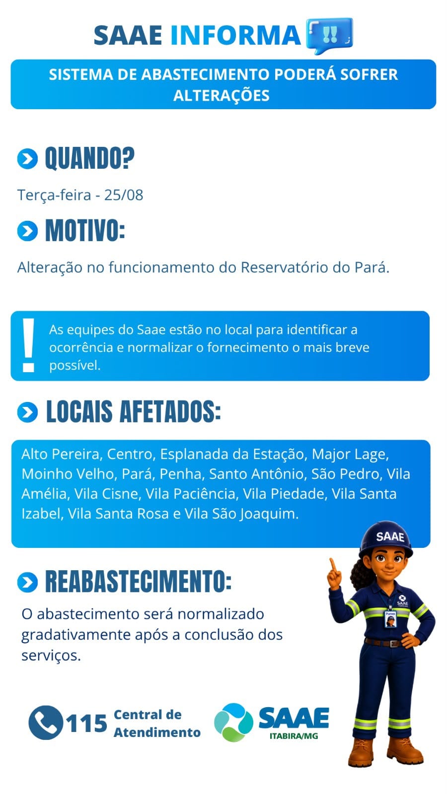 Abastecimento de água pode sofrer alterações em 16 bairros de Itabira nesta terça-feira
