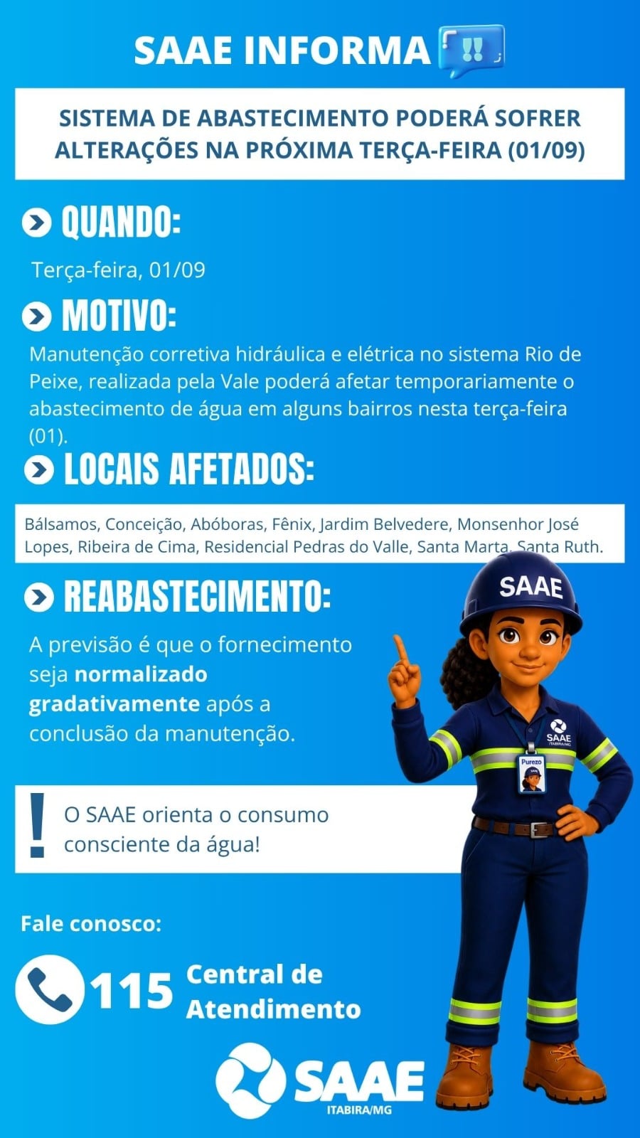 Manutenção da Vale pode afetar abastecimento de água em 12 bairros de Itabira nesta terça-feira; saiba mais