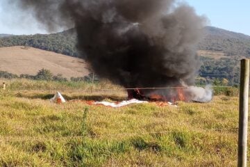 Piloto é socorrido após avião sofrer pane, pegar fogo e cair em área de mata na Grande BH
