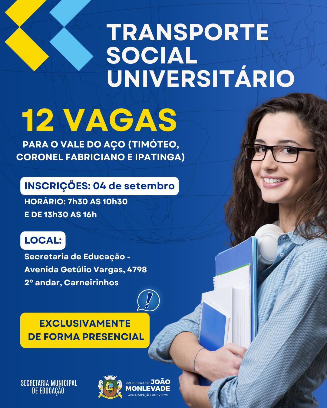 Prefeitura de João Monlevade abre inscrições para o Transporte Social Universitário