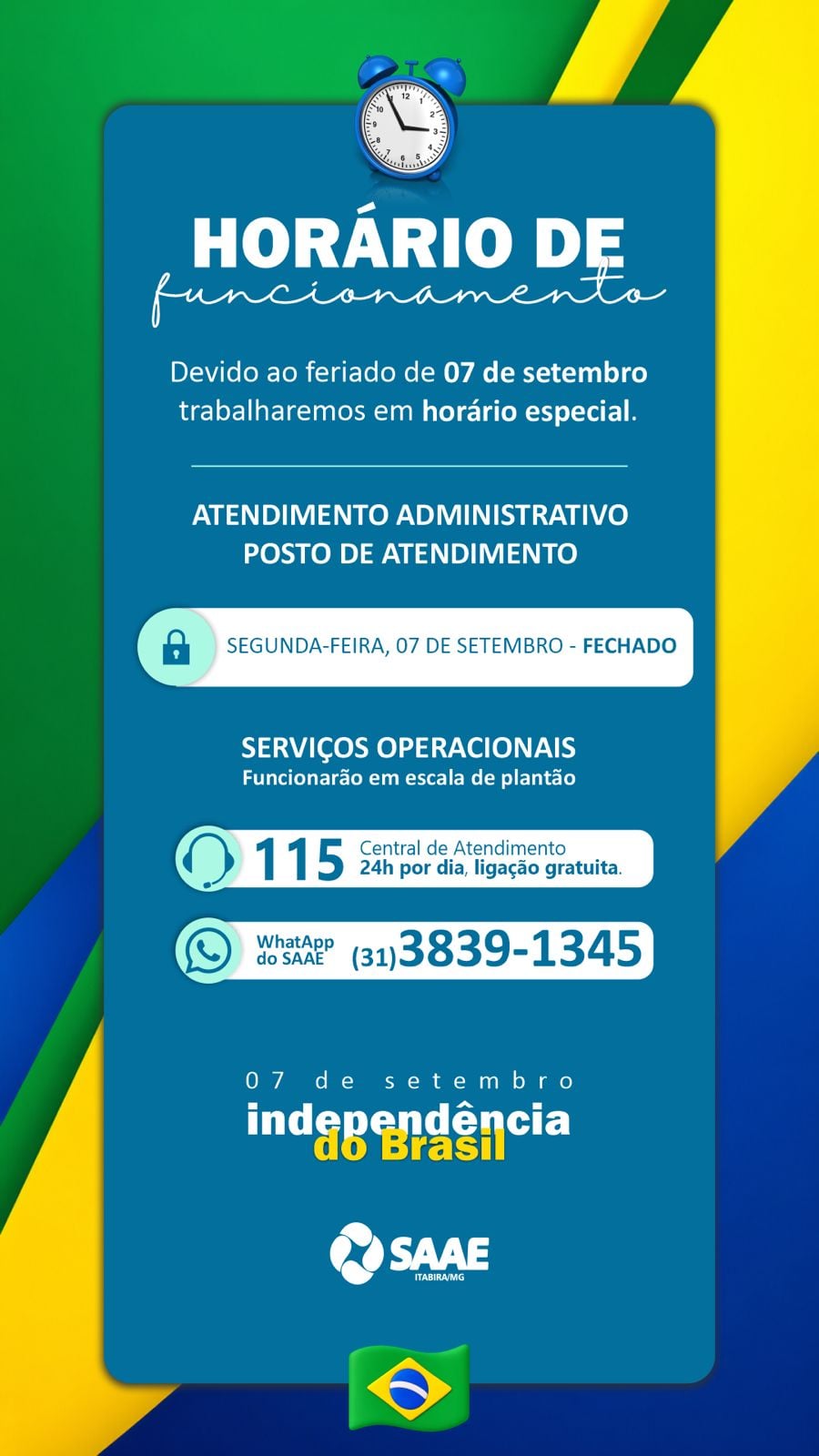 Feriado de 7 de Setembro: veja como funciona o atendimento do Saae em Itabira