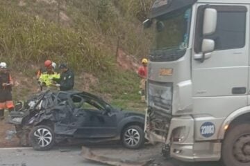 BR-381: colisão entre carro e carreta deixa duas pessoas mortas em São Gonçalo do Rio Abaixo