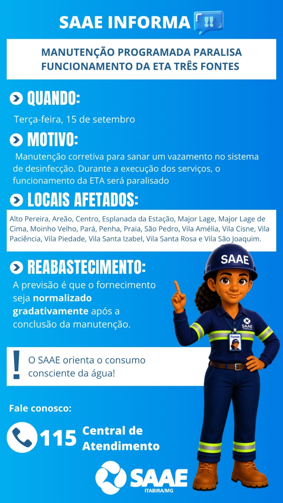 Manutenção na ETA Três Fontes pode afetar abastecimento de água em 18 bairros de Itabira
