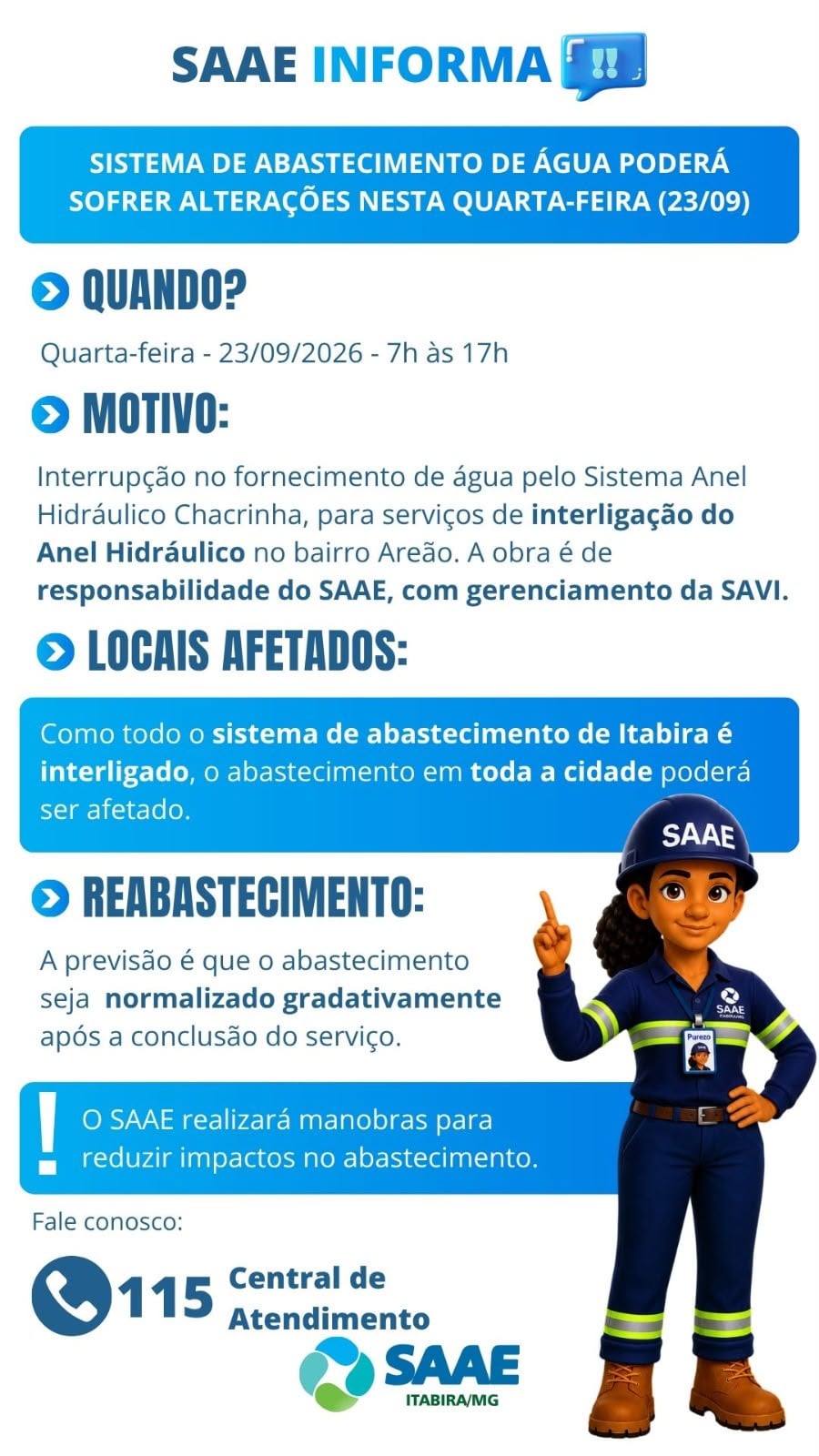 Abastecimento de água poderá ser afetado em Itabira nesta quarta-feira; saiba mais