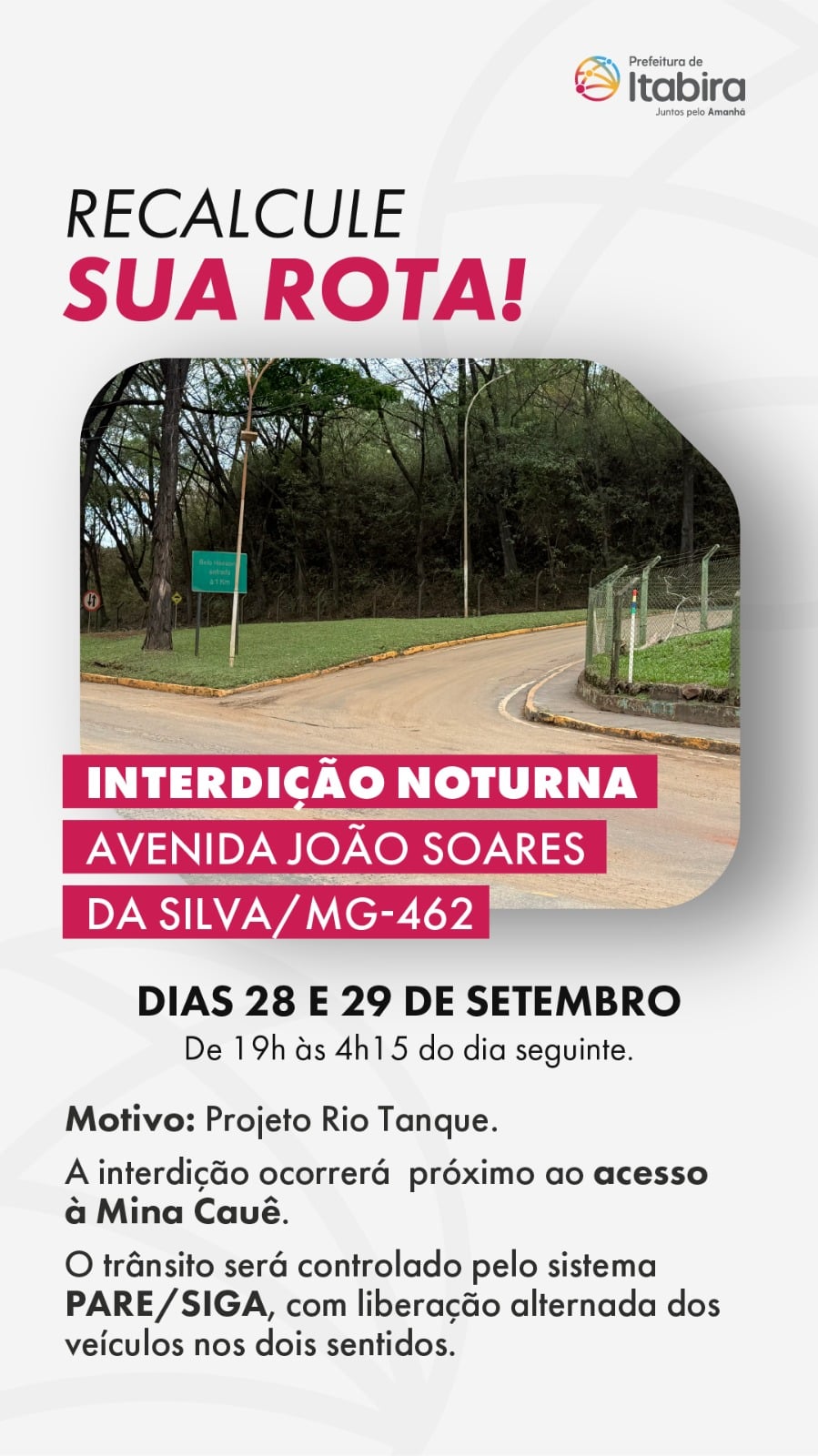 Itabira: MG-462 terá alterações no trânsito devido a obras do Projeto Rio Tanque; saiba mais