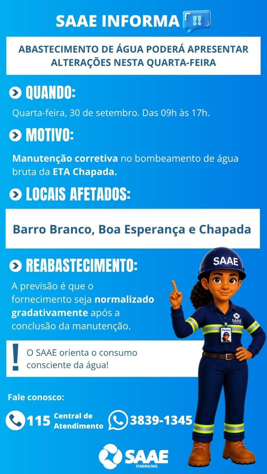 Itabira: manutenção na ETA Chapada interrompe abastecimento de água nos bairros Barro Branco, Boa Esperança e Chapada