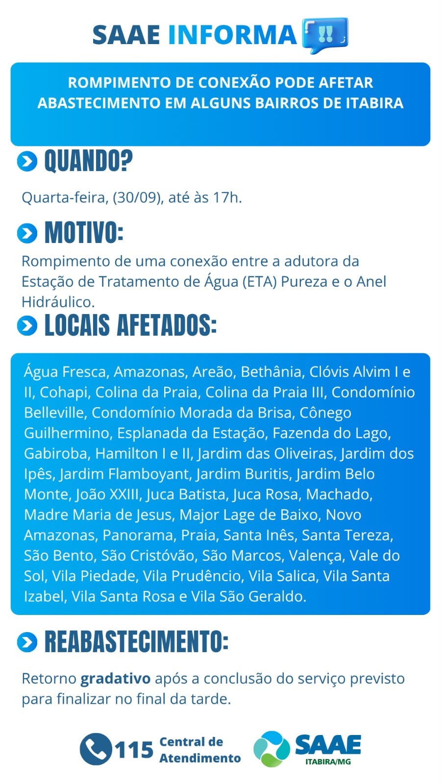 Rompimento em adutora pode afetar abastecimento de água em mais de 40 bairros de Itabira