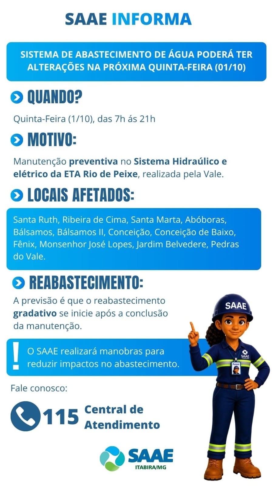 Manutenção na ETA Rio de Peixe pode afetar abastecimento de água em 12 bairros de Itabira nesta quinta-feira