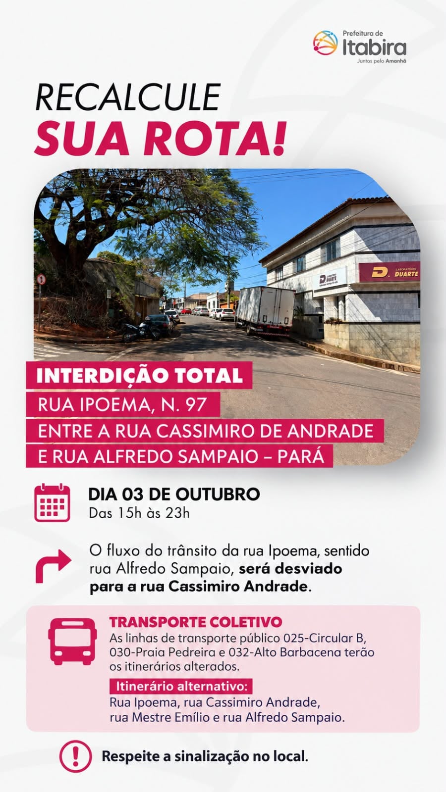 Rua Ipoema terá interdição total neste sábado em Itabira; saiba mais