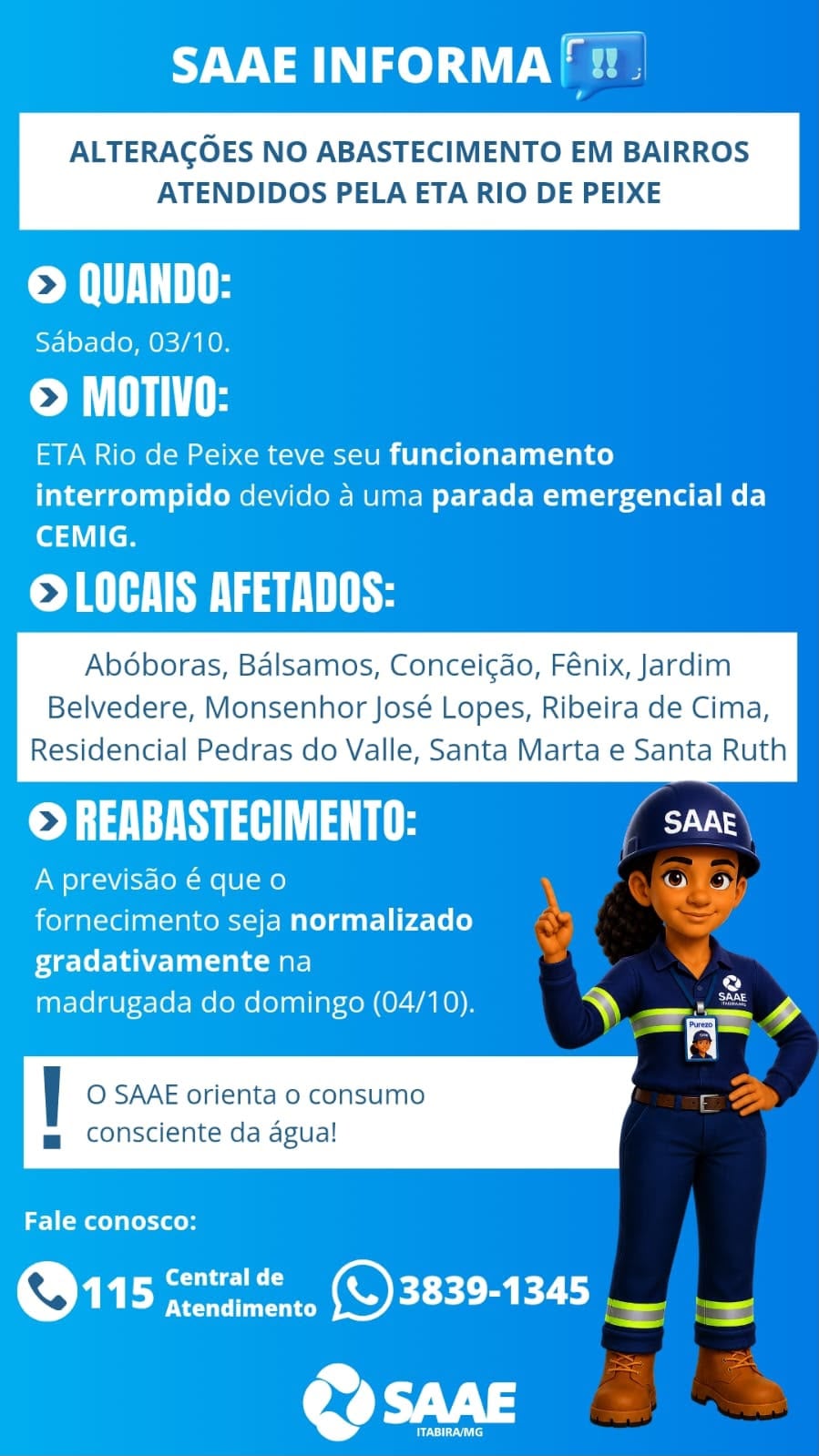 Parada emergencial de energia interrompe operação da ETA Rio de Peixe em Itabira