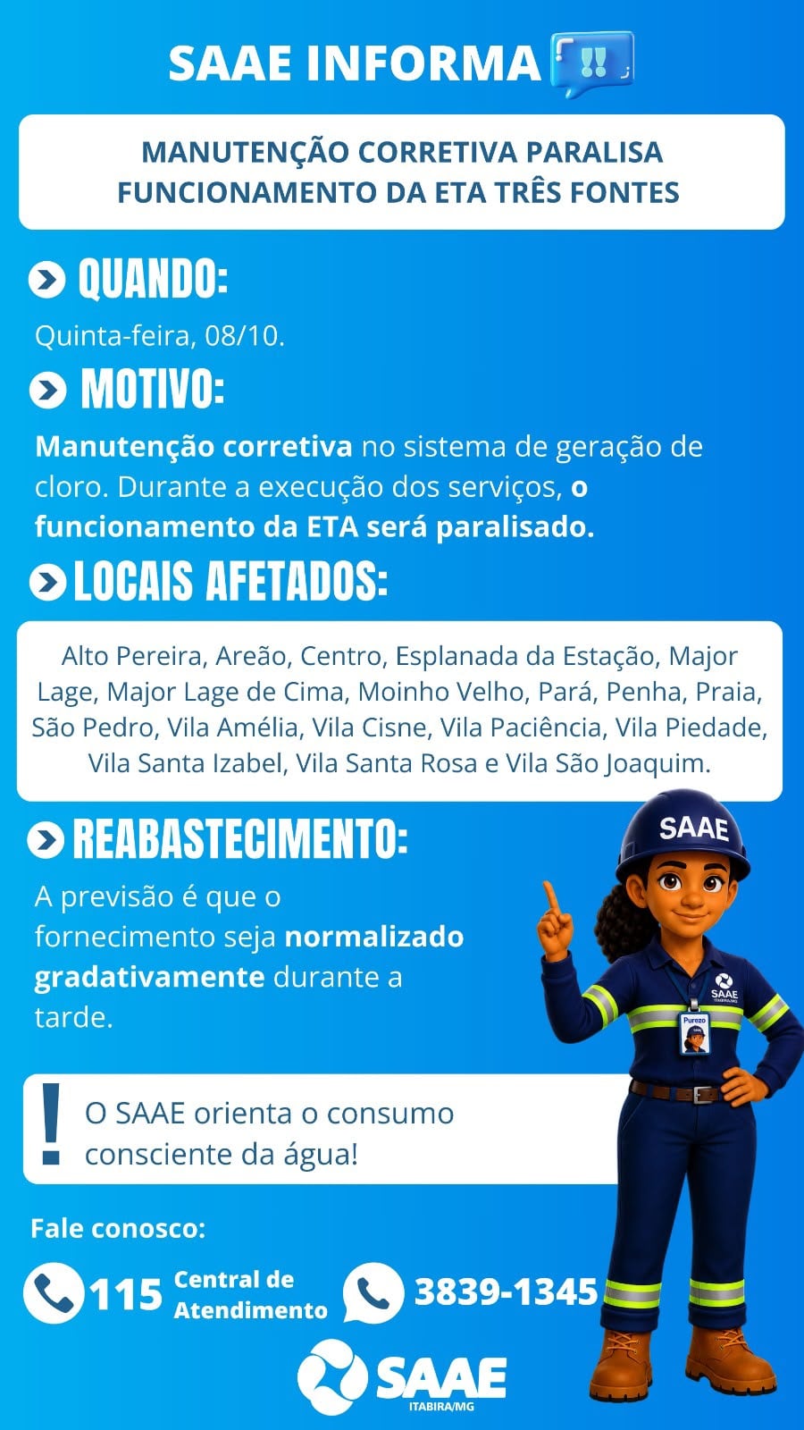 Manutenção na ETA Três Fontes pode afetar abastecimento de água em 18 bairros de Itabira