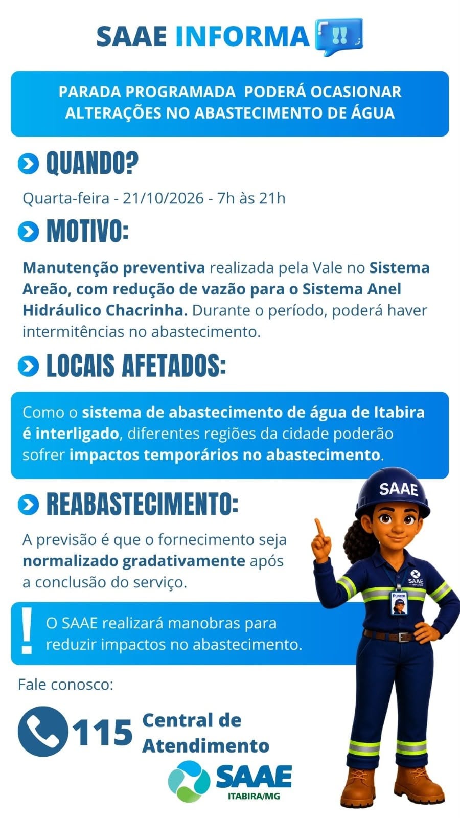 Manutenção da Vale pode afetar abastecimento de água em Itabira nesta quarta-feira