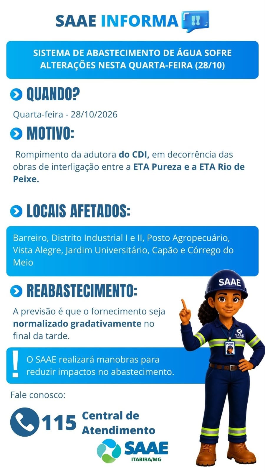 Rompimento de adutora pode afetar abastecimento de água em sete localidades de Itabira nesta quarta-feira